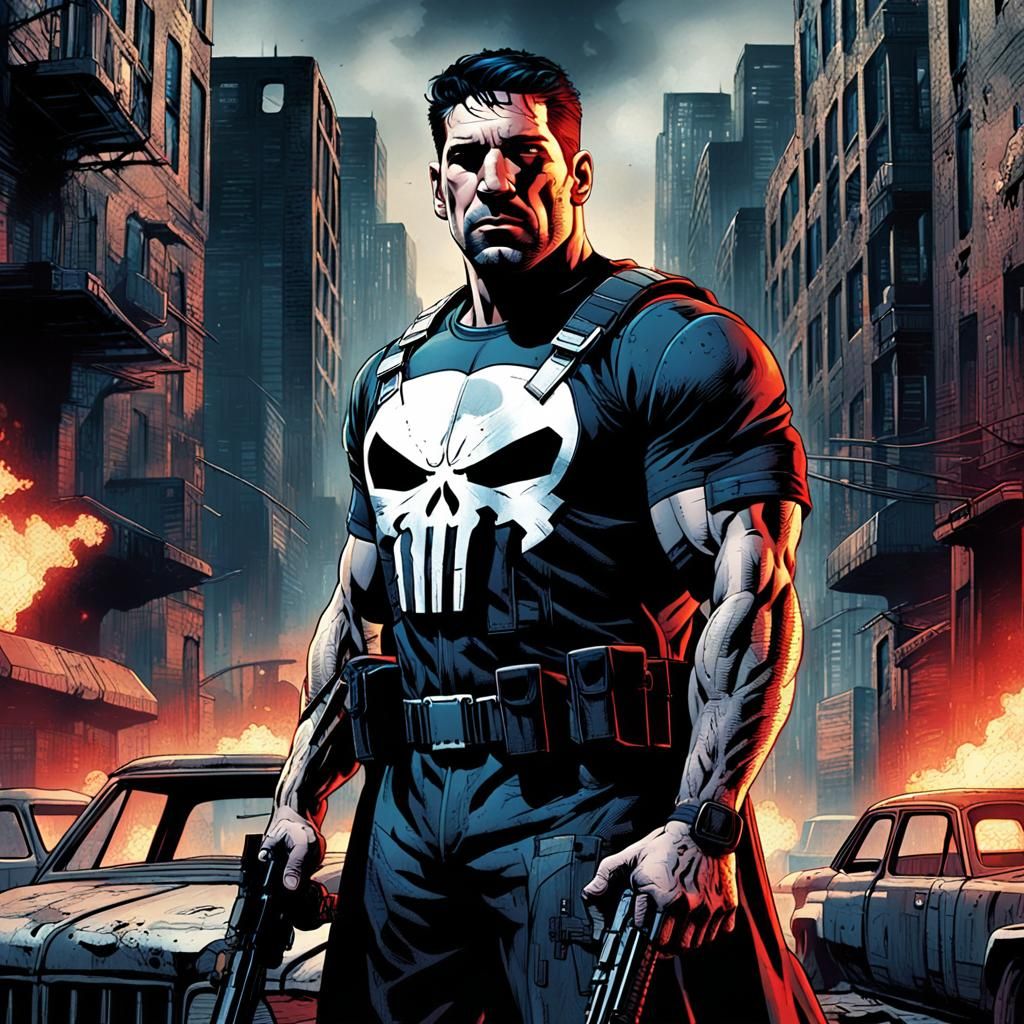 Comic book cover art. Medium shot. Jon Bernthal as Marvel Punisher