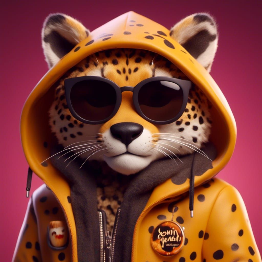 <lora:Kyoot:1.0> Cheetah cartoon character with a hood on an...