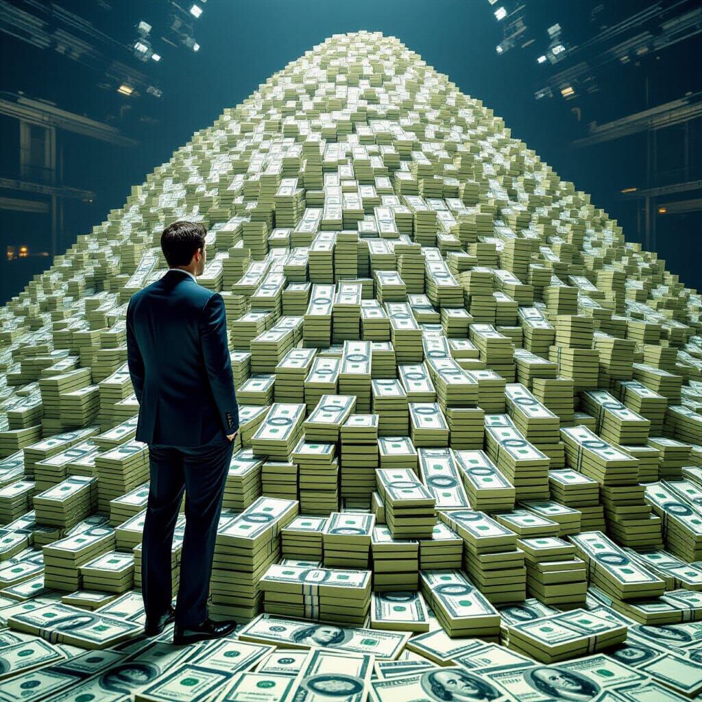 A man is standing next to a gigantic, towering pile of dollars intricate details, HDR, beautifully shot, hyperrealistic,...
