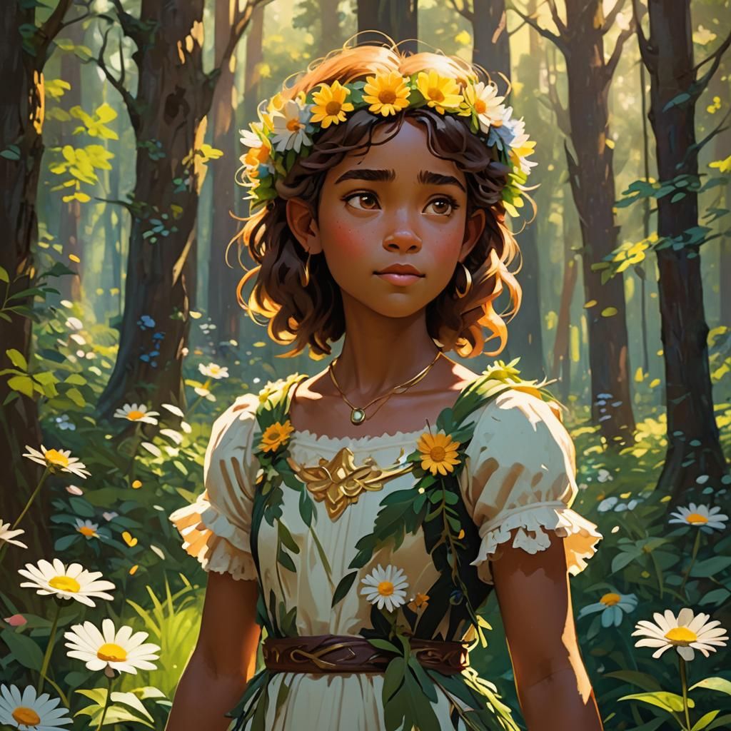 a young female centaur child with a daisy chain around her neck, in the