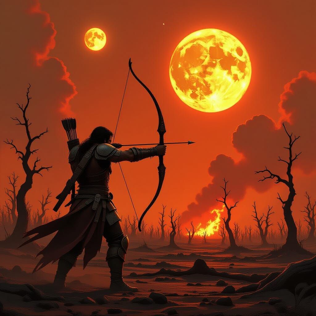 create a scene with 10 suns shining in in the sky with scotching ground with dead trees. A man shooting one of the suns with a bow and arrow...
