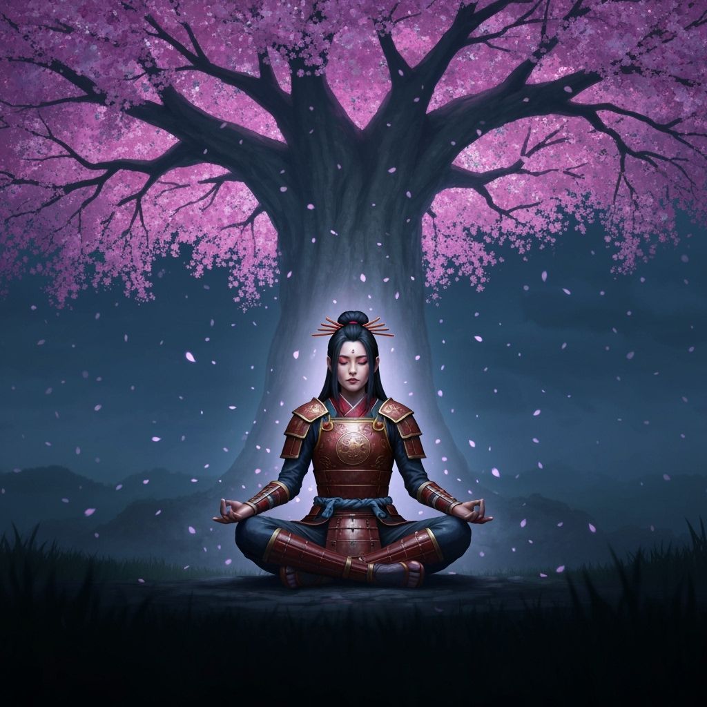Onna-Bugeisha Meditating Under Bioluminescent Cherry Blossom...