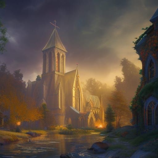 home-like cozy and warm church detailed matte painting, deep...