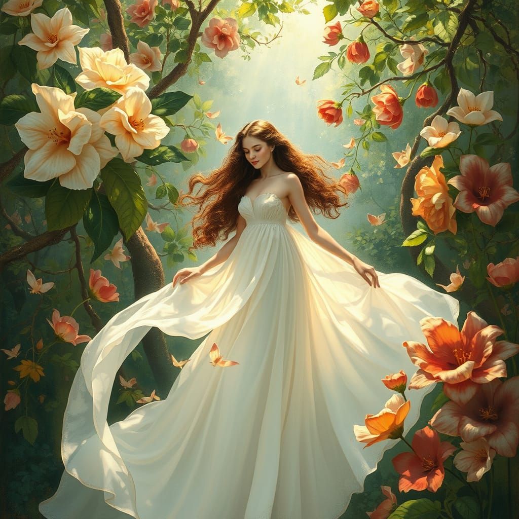 Whimsical Woman in Lush Garden Scene