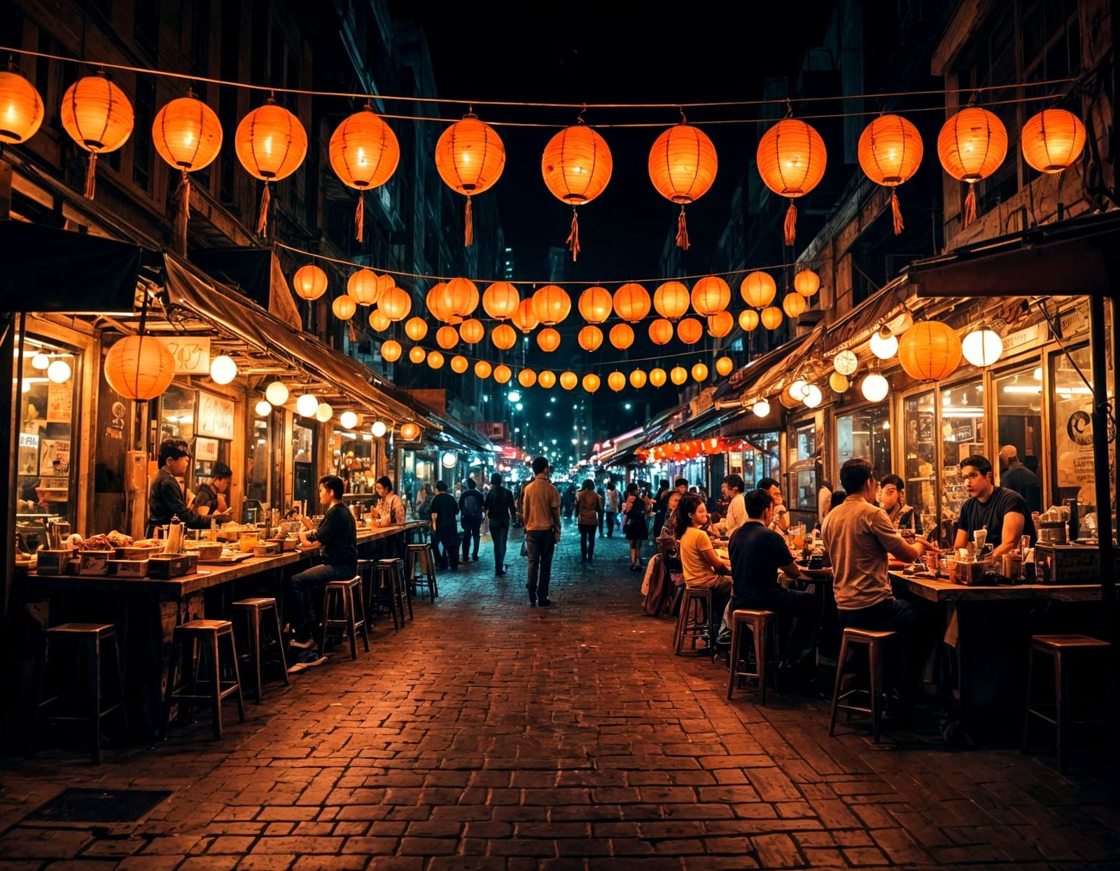 A night scene of a neon-lit food street with multiple food stalls. The stalls offer various vibrant street ...  by @Quebra