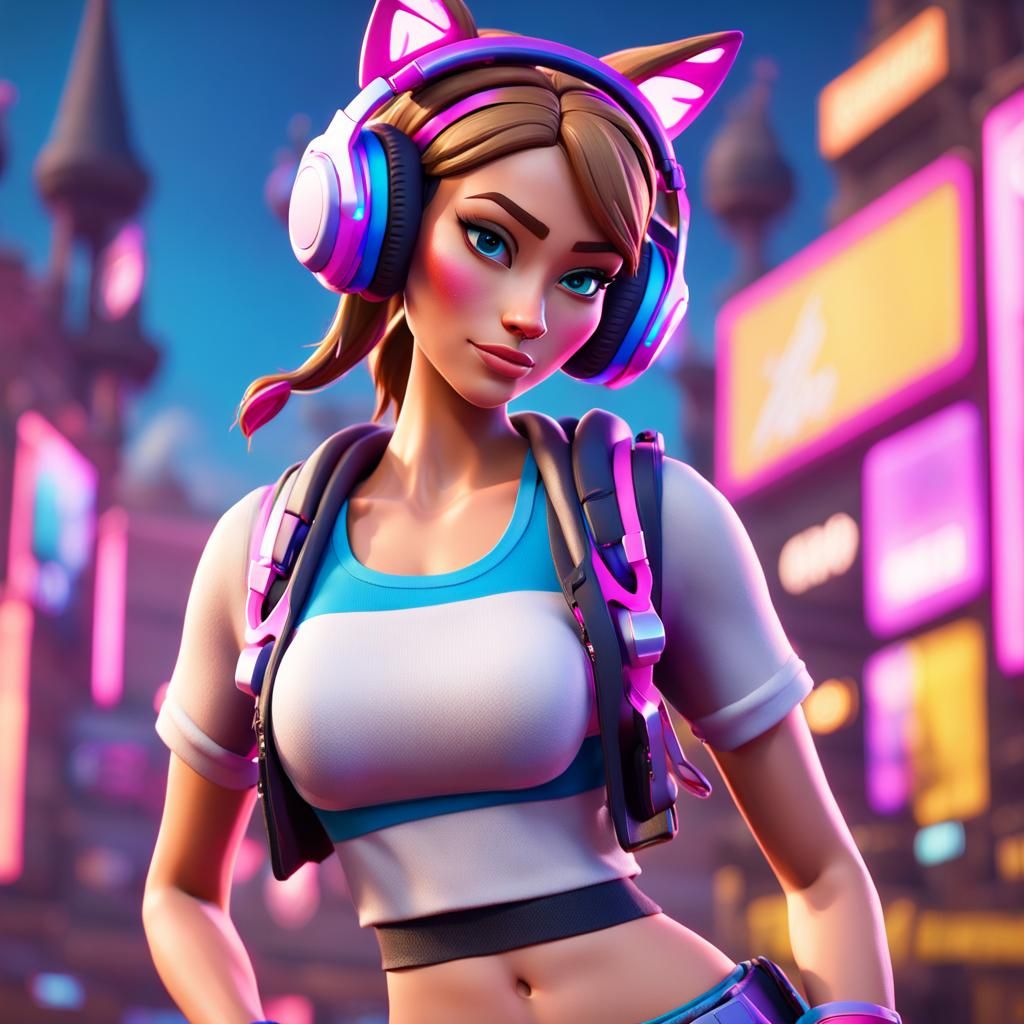 fortnite skin, gamer girl, light brown hair, blue eyes, crop top, skirt ...