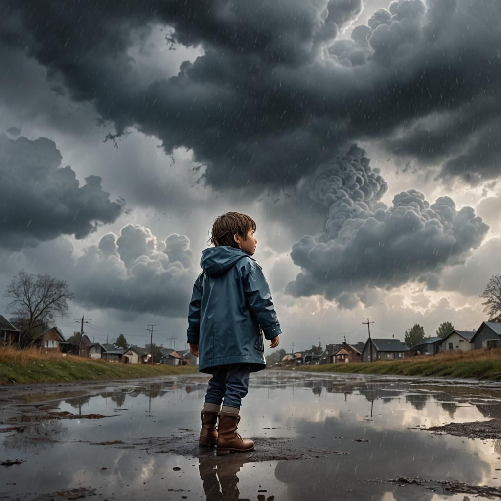 Child in Rain, Detailed Matte Painting