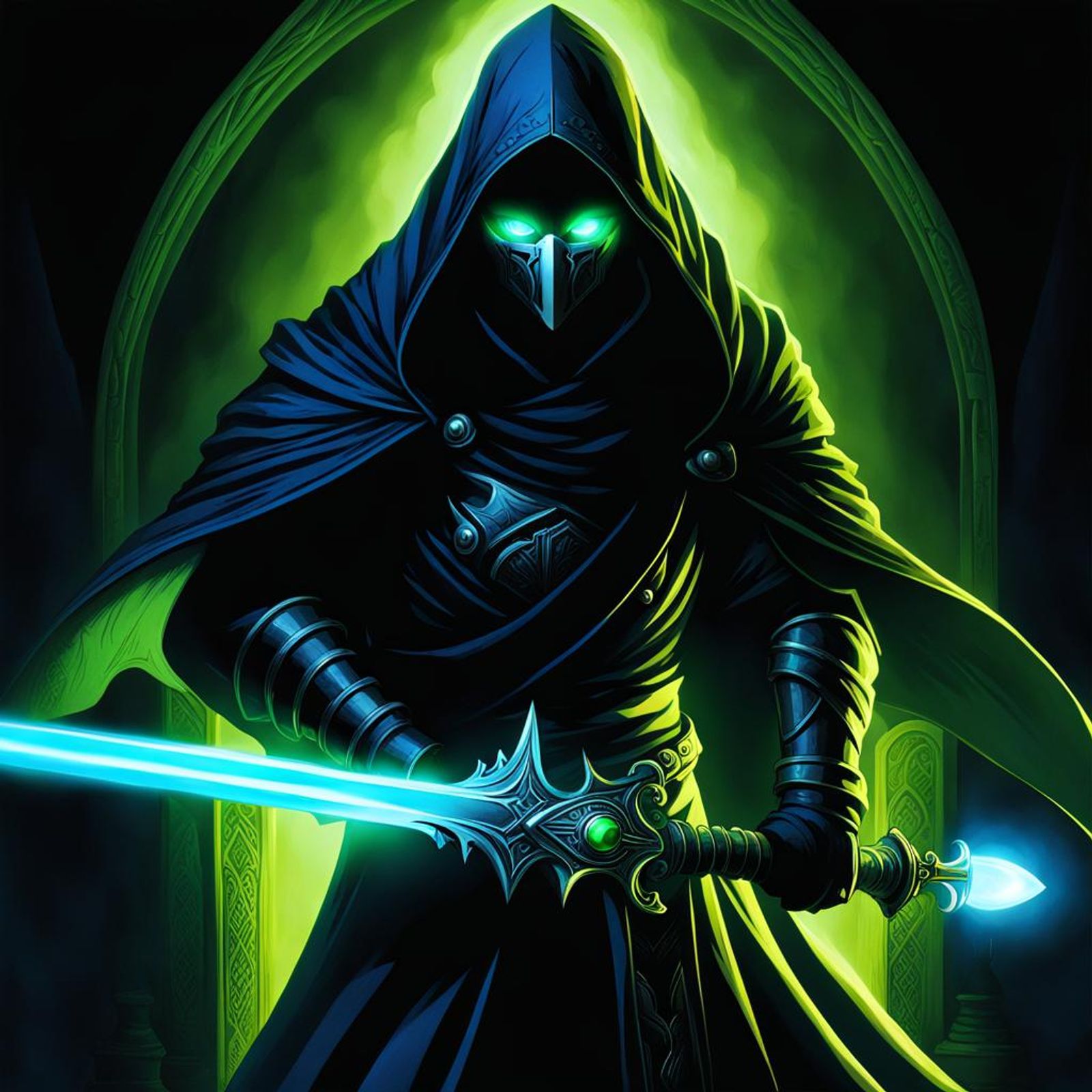 A hooded figure with fog behind him with one glowing lime green eye