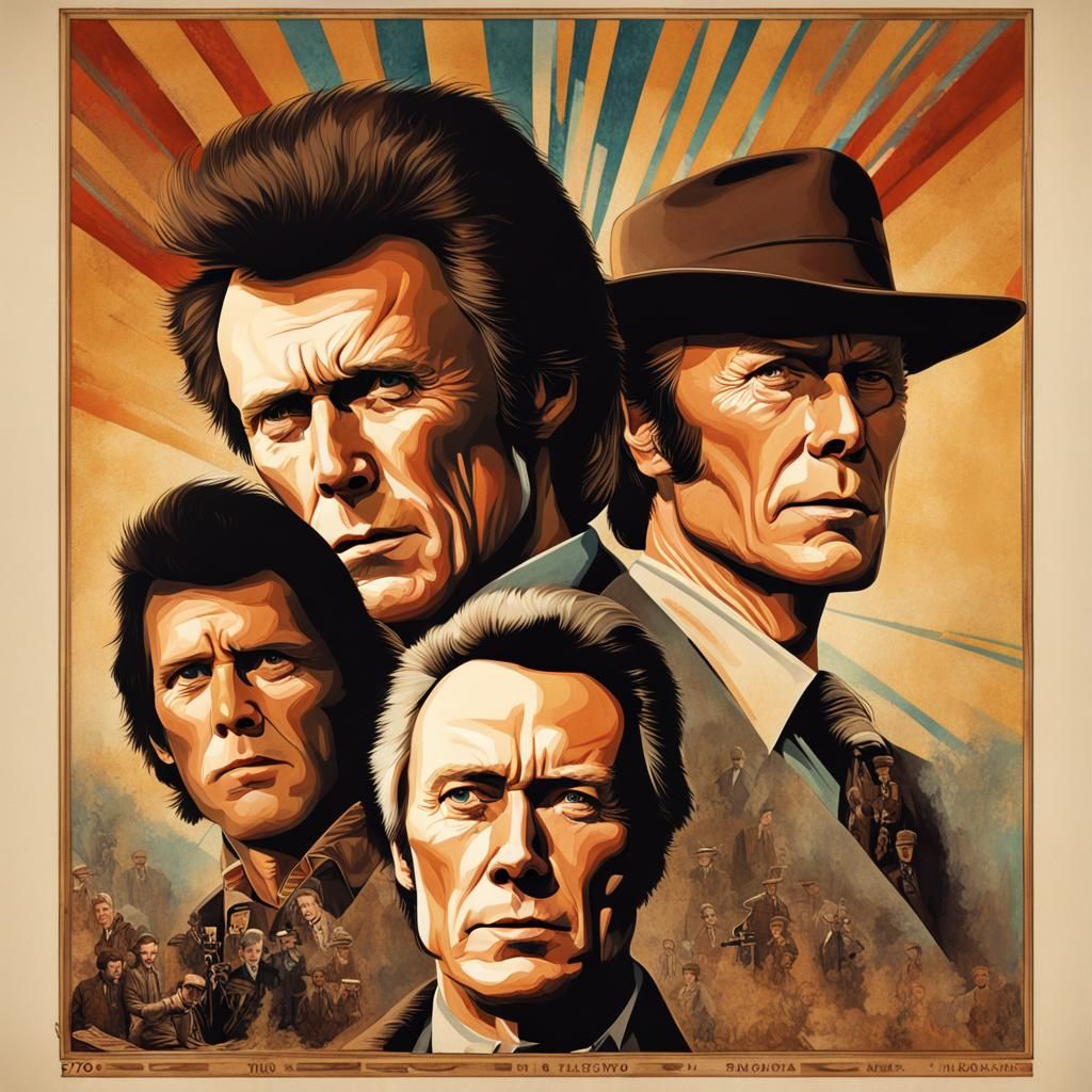 1970s illustrated movie poster featuring Clint Eastwood, retro style ...