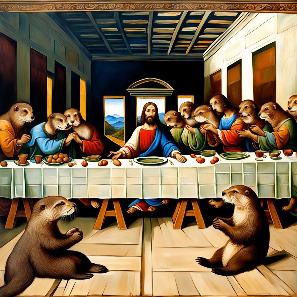 Otters as Jesus and the desciples in a Painting of Davinci's...