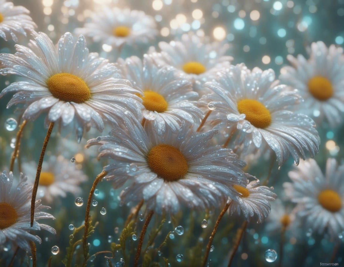 Daisies in Morning Dew: Macro Photorealistic Art