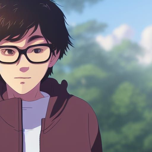 A boy with short brown hair with round brown glasses and a p...