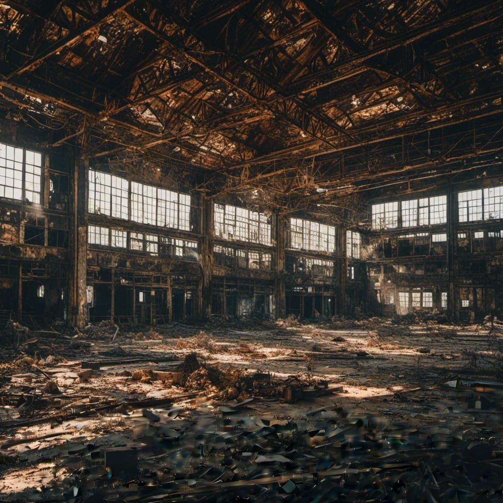  <lora:MJ6 Decay:1.0> deserted factory , realistic photography by Elsa Bleda