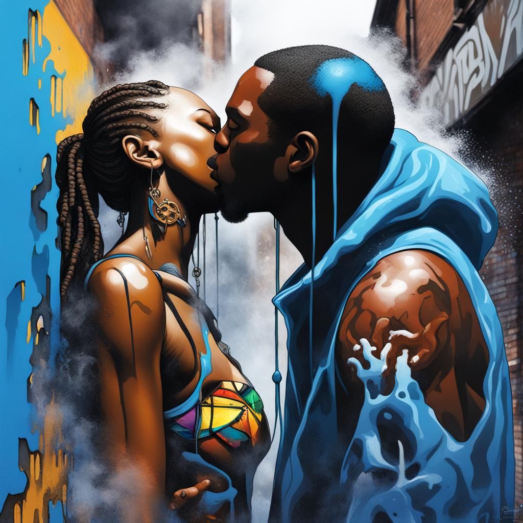 alley, grit, black man, cyborg woman kissing, smoke, blue ge...