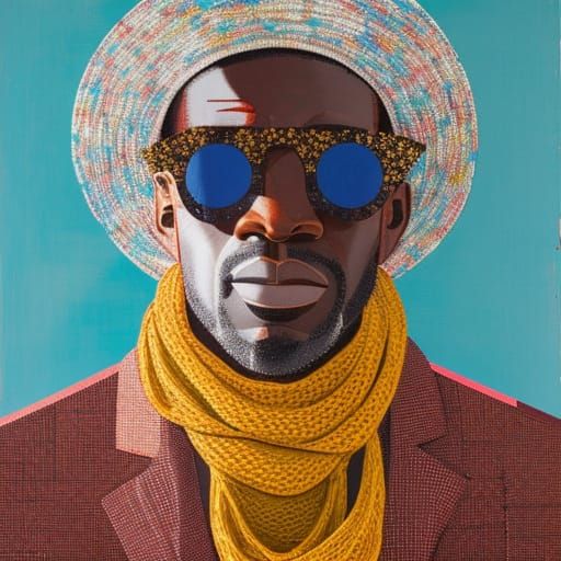 Man in Scarf and Sunglasses: Textile Art Style