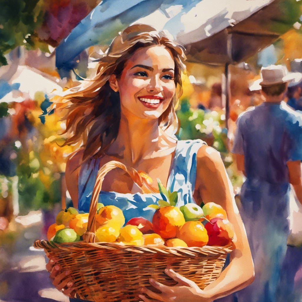 smiling woman with fruit basket - AI Generated Artwork - NightCafe Creator