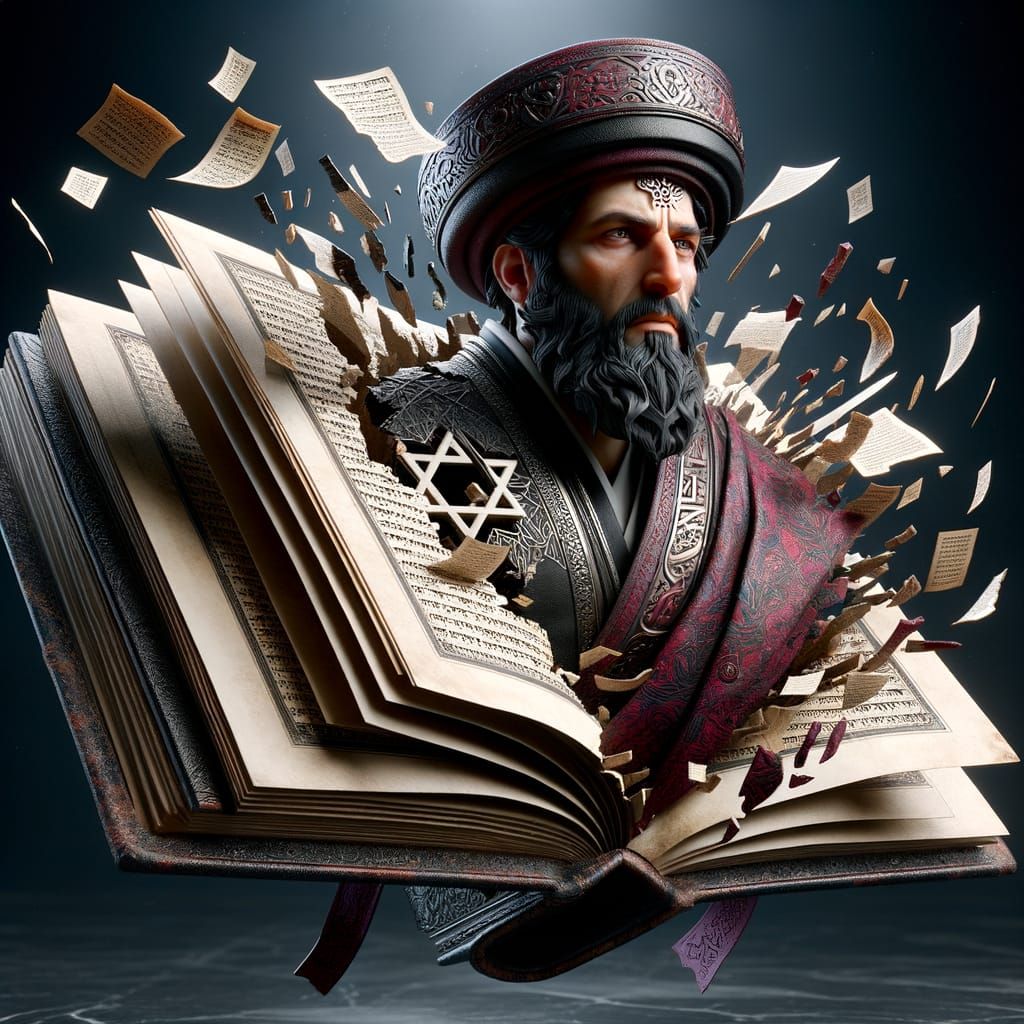 A 3D digital illustration of a rabbi figure emerging from a book with Hebrew inscriptions. The figure is half inside the book and half outsi...