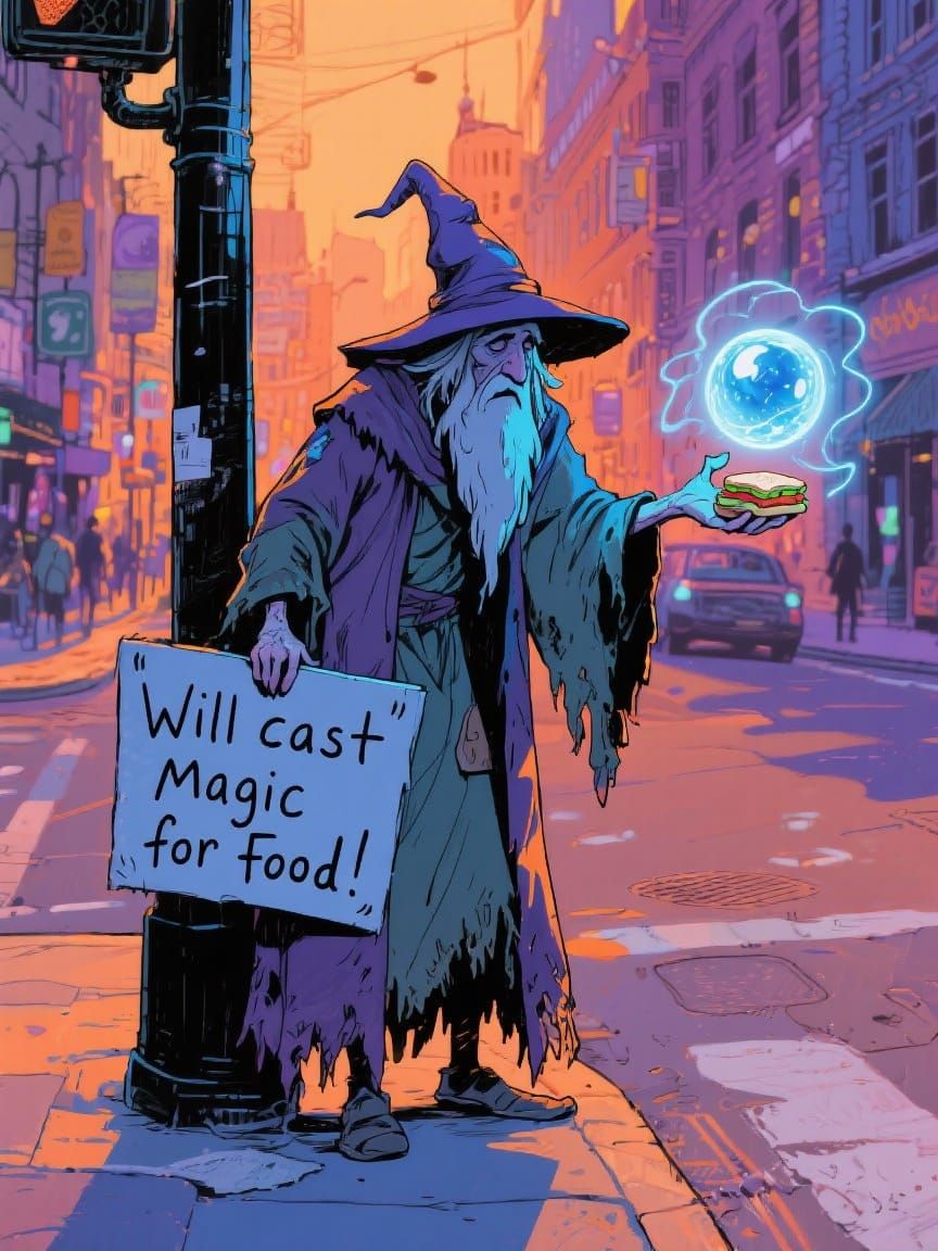  A professional sorcerer, dressed in tattered robes, stands on a busy street corner, holding a sign that reads "Will cast magic for food." H...