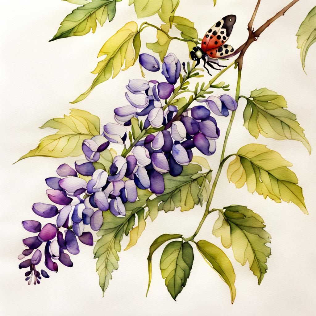  Watercolor and ink wisteria botanical drawings with ladybug   by @Gonnutzie