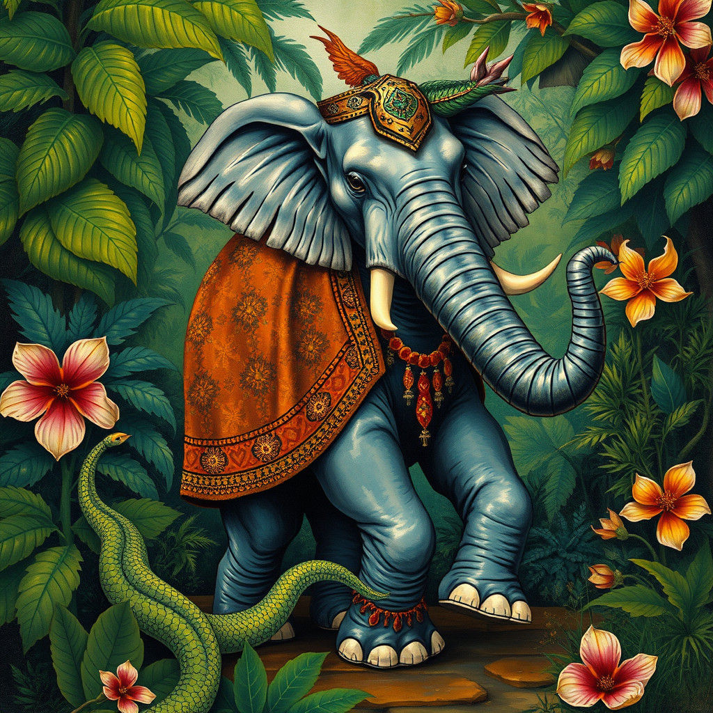 Elephant and Snake Dance in Jungle Folk Art Style