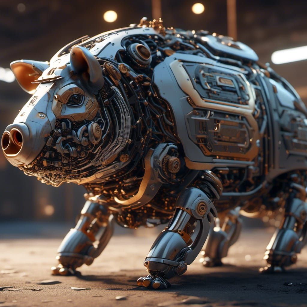 Cyborg pot bellied pig intricate mech details, ground level ...