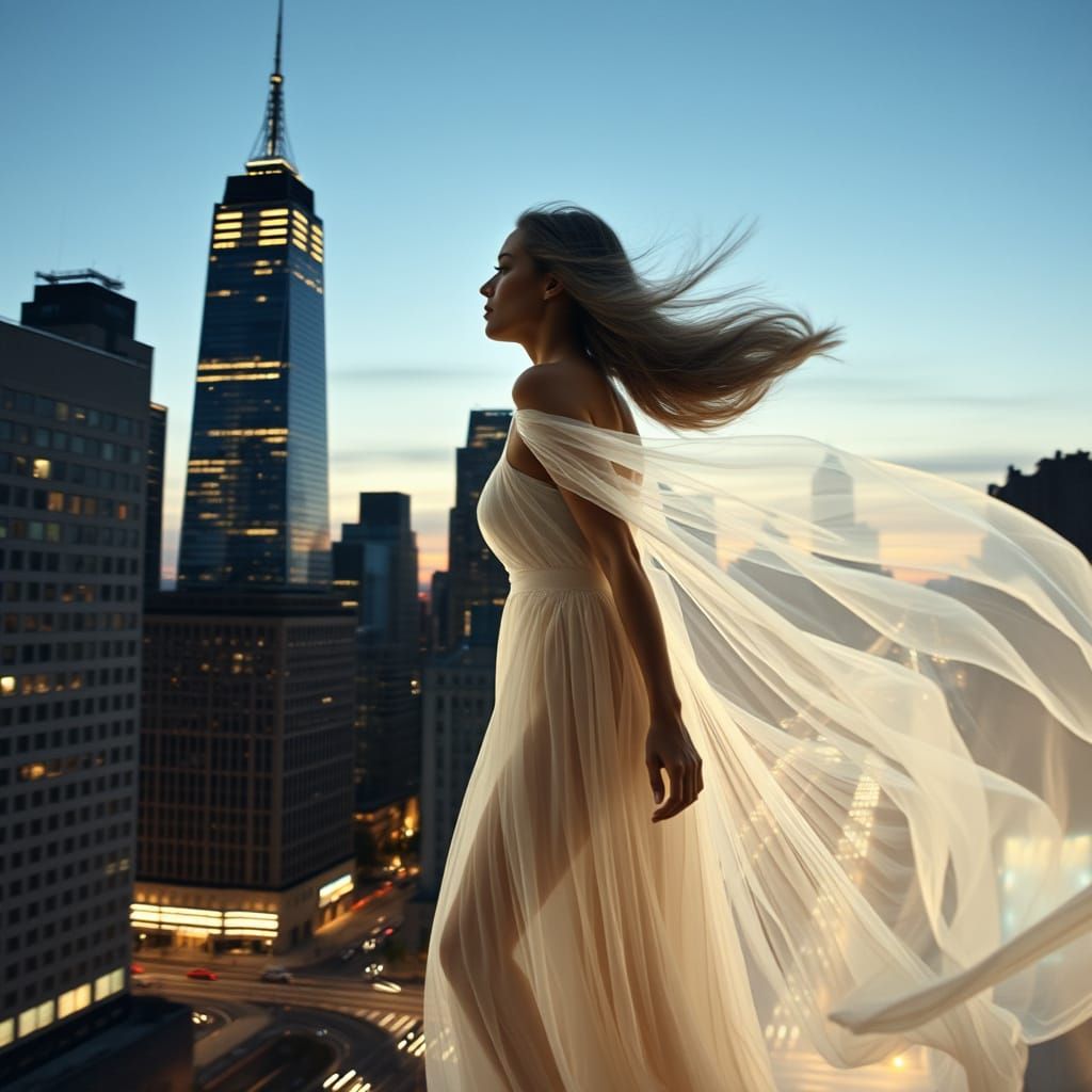 Woman in Ethereal Gown, Cityscape at Dusk
