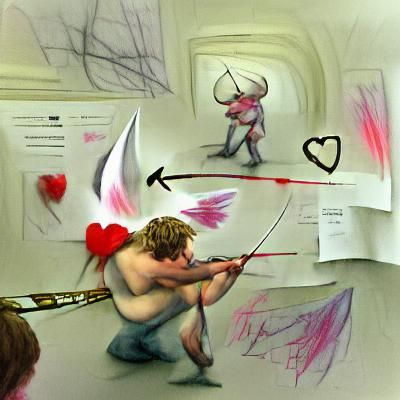 Cupid drawing his bow against a hateful being concept art ab...