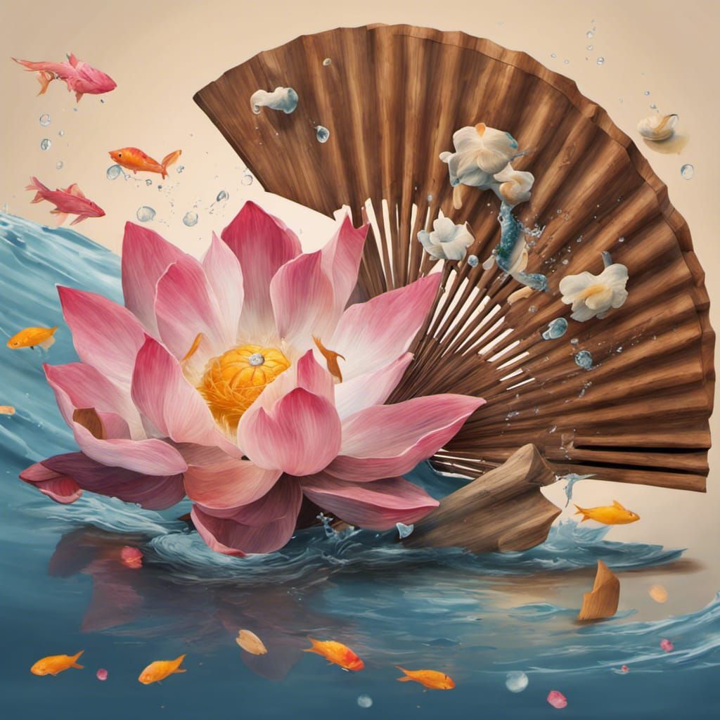 Fan, lotus, fish, water splashes, wooden, oriental