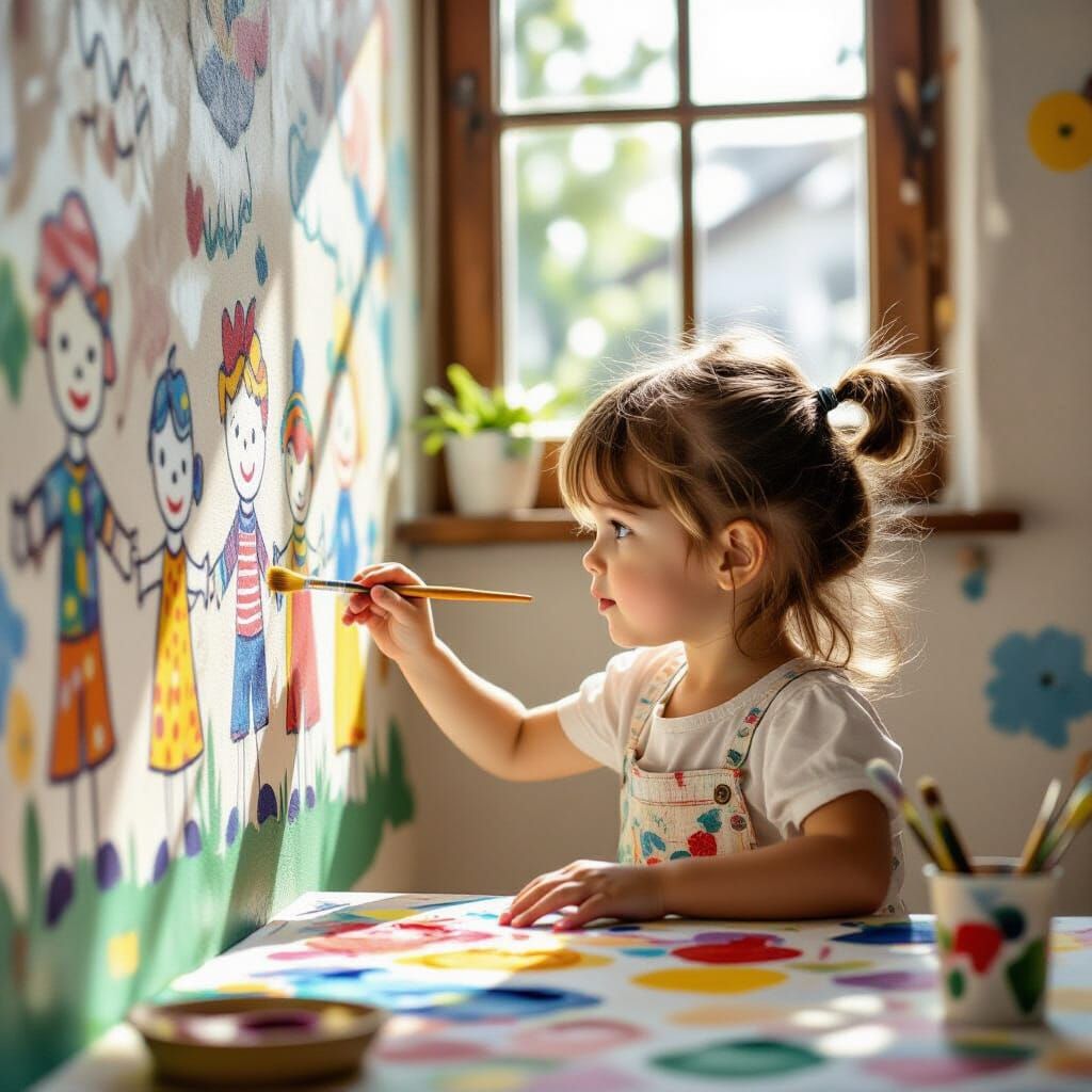 Girl Paints Colorful Mural on Textured Wall