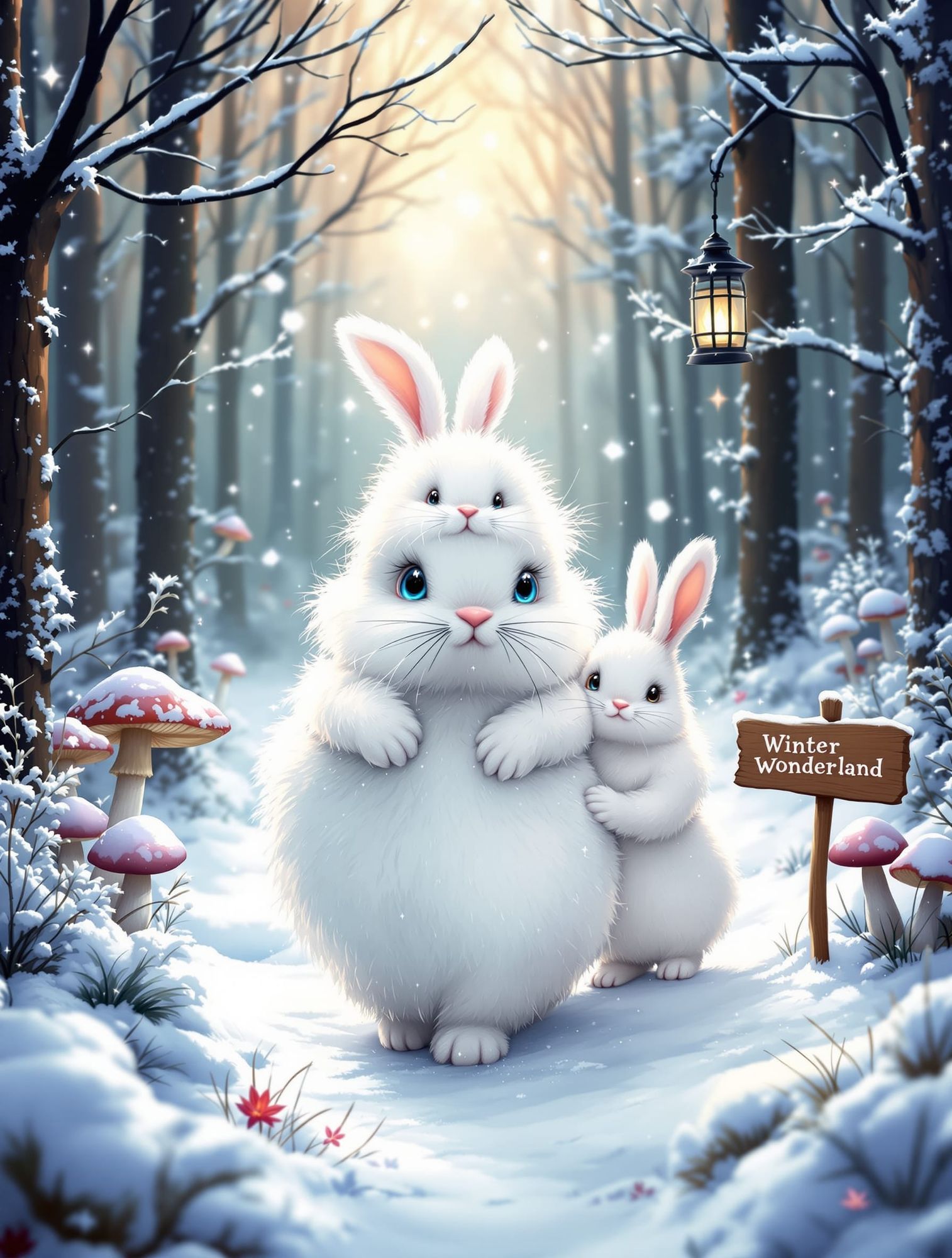 an incredibly pretty scene of a cute fluffy bunny family walking in a snowy forest, one tiny white fluffy bunny riding another bunny, the bu...