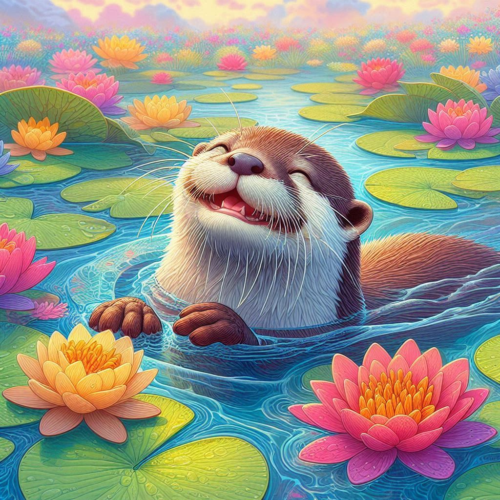An otter swims in a pond in a colorful digital art piece