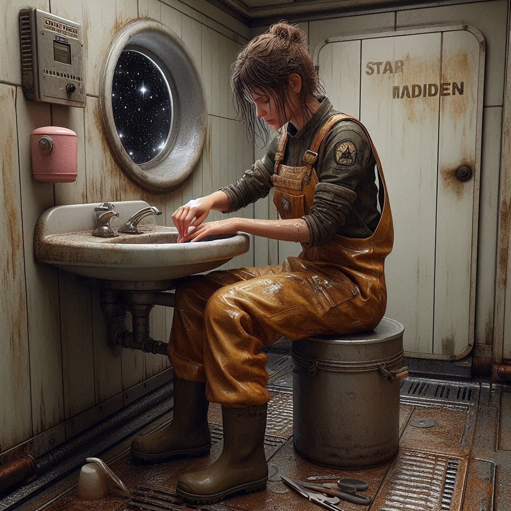 In the restroom of an old spacefreighter, a tired female wor...