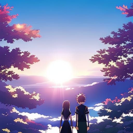 a boy and girl watching the sun set with chary blosoms - AI Generated ...