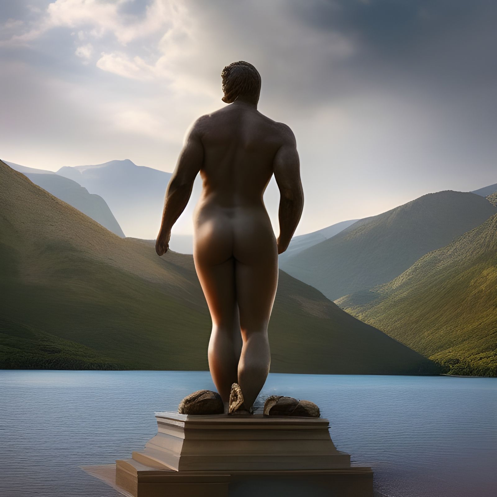 Hyperrealism of a statue in an open landscape near a lake