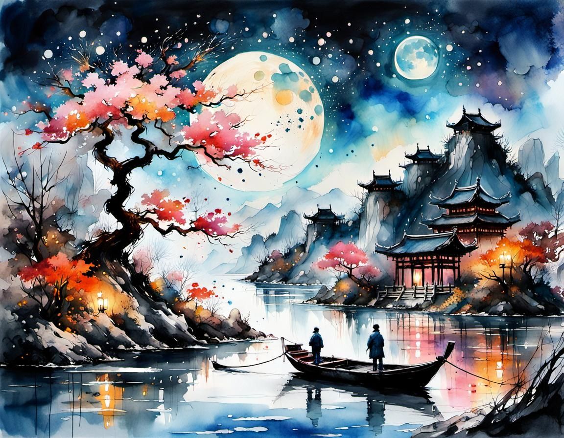 ink splatter art of an epic chinese landscape, cinematic glowing twilight nighttime blue moon large dramatic ...  by @Kindly Offer