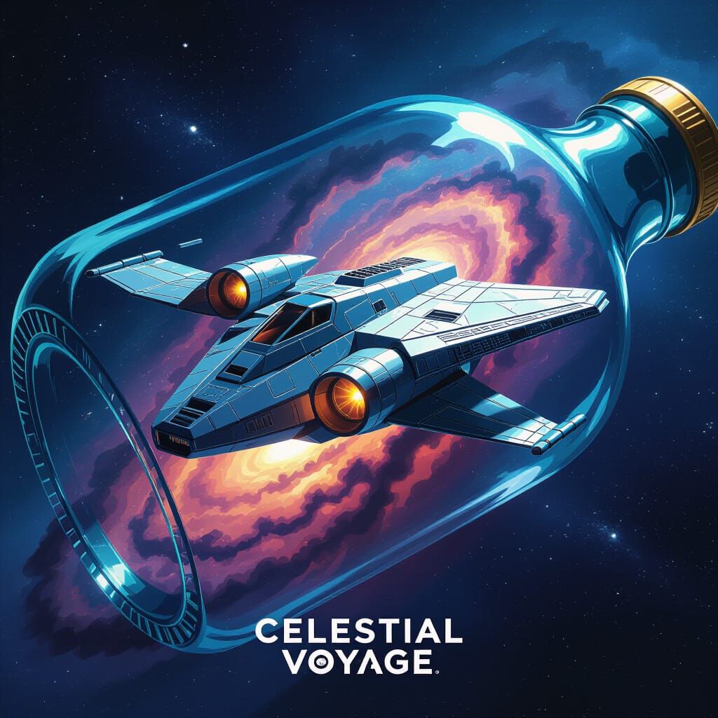 Oil painting. Close-up. A mesmerizing, realistic spaceship model floats in a bottle, with a swirling nebula visible through the glass. Cinem...