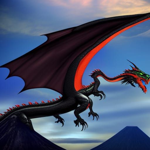 huge dragon flying over a volcano
