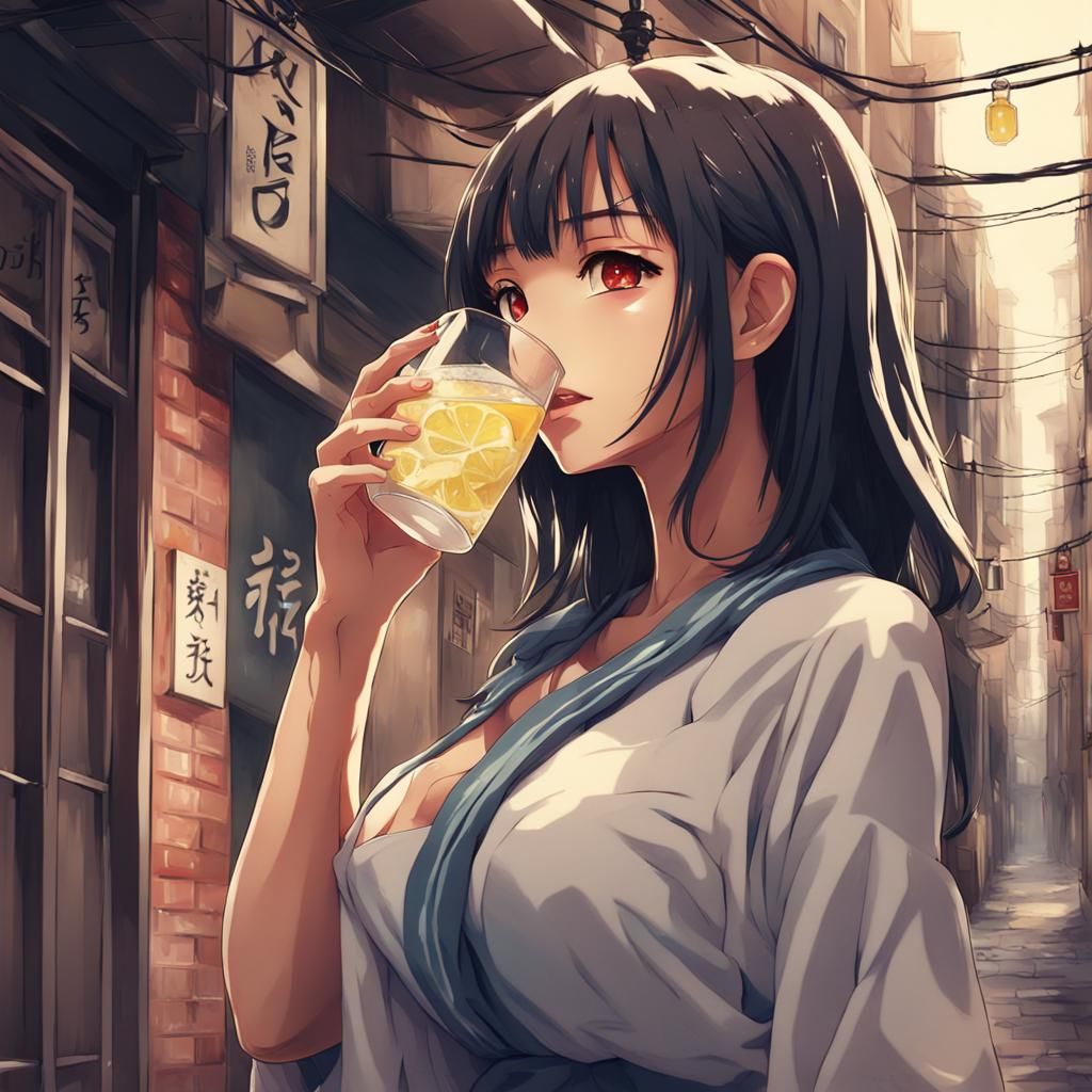 make a poster of a beautiful  asian woman drinking a gin ton...