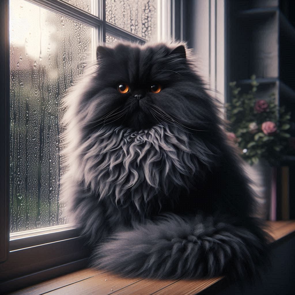 Black Persian Cat in a Window on a Rainy Day