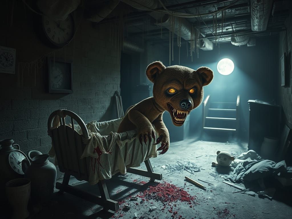 Wide-angle view of a abandond, dirty, eerie basement filled with cobwebs, and creepy shadows, lit by flickering, cold moonlight. In focus is...