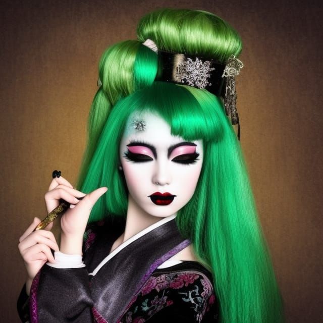 gothic beautiful geisha with green hair celebrates and wish ...