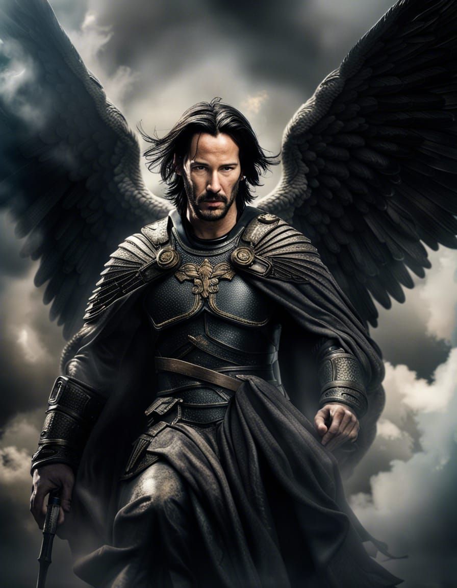 Keanu Reeves as Saint Michael the Archangel descending from a cloud ...