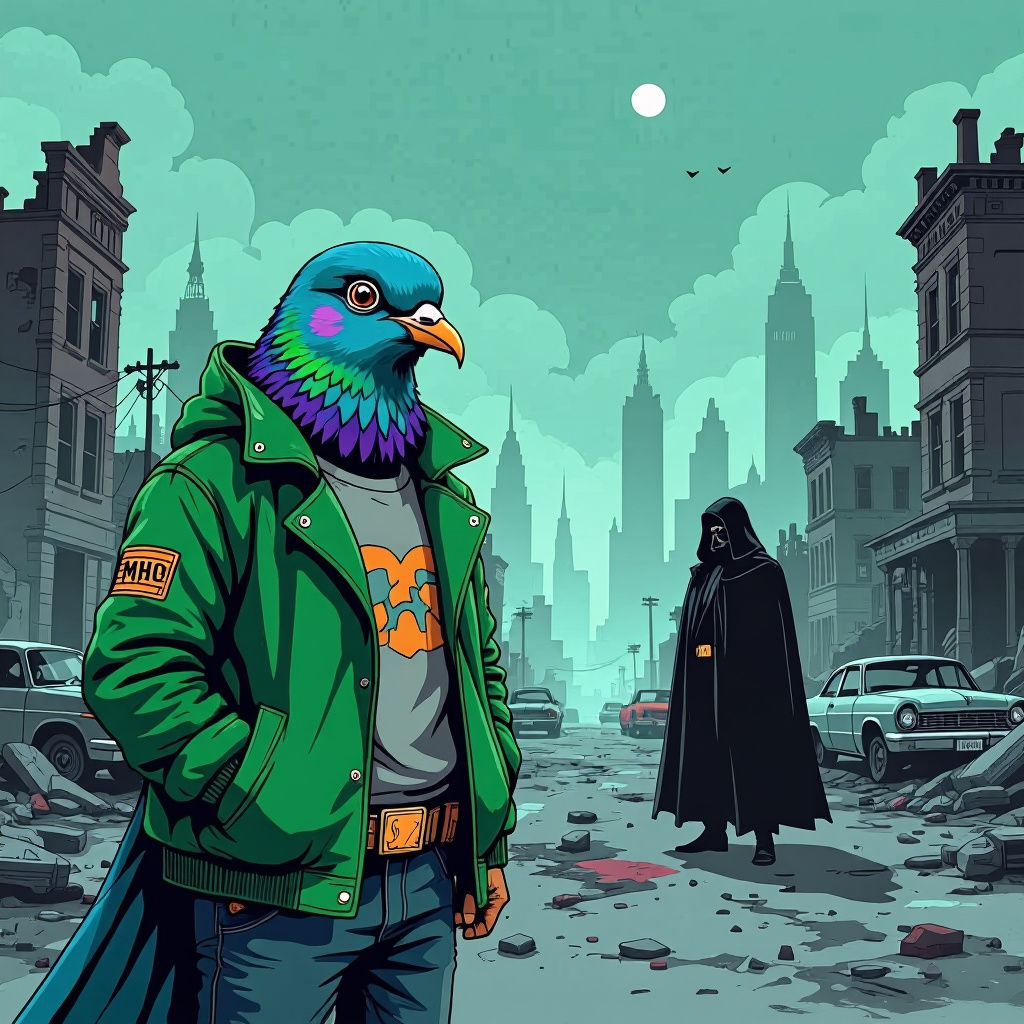 In the style of A Pup Named Scooby Doo

A buff anamorphic Pigeon, wearing an emerald green bomber jacket, blue liner. In the background is a...