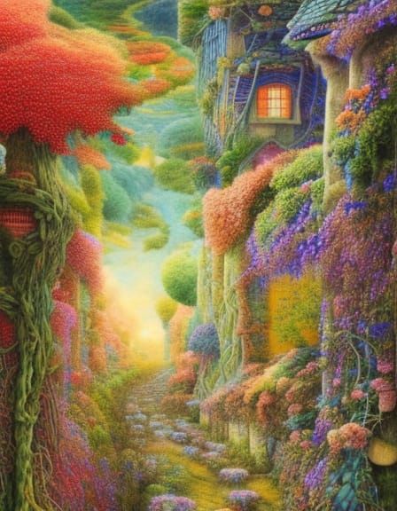 quaint cottages nestled along rolling green fields, colorful...