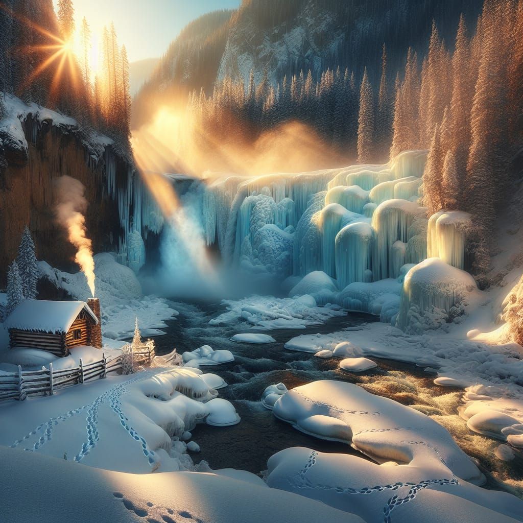 Enchanted winter river valley, frozen waterfall creating massive ice formations with sunlight refracting through creating rainbow effects, s...