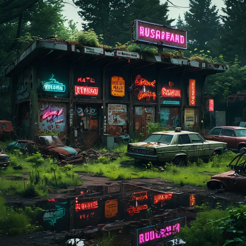 a neon sign graveyard, with a surreal, cyberpunk atmosphere....