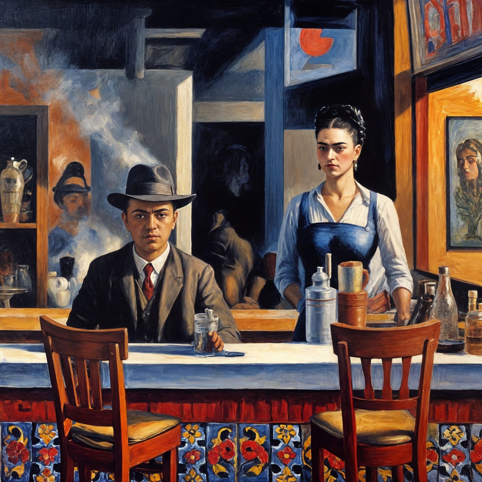 Recreate Edward Hopper's Nighthawk Bar painting in the style...