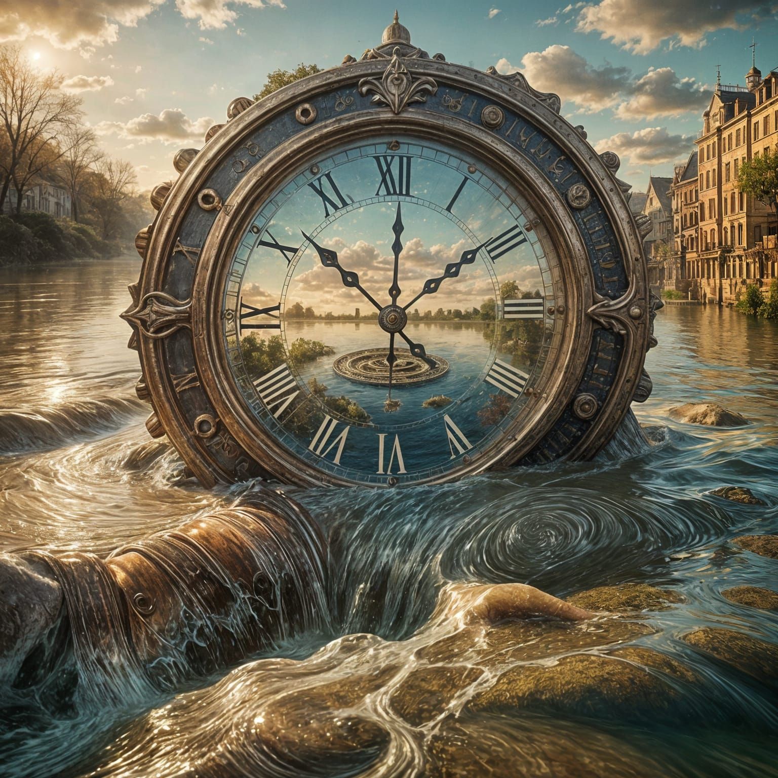 A giant vintage clock submerged halfway in a river. The hands slowly turn under the rippling water. Mist ...  by @ZoinMihailo
