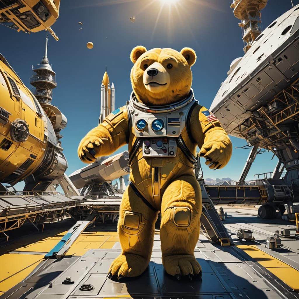 Yellow Bear Hugs Spacecraft in Vibrant Digital Art