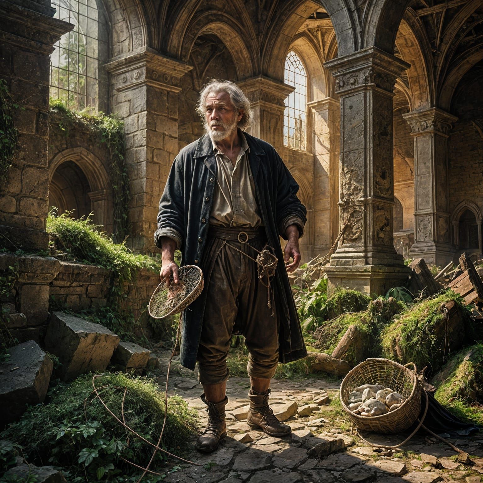 Caravaggio style painting. Medium shot. A grizzled fisherman stands in a ruined cathedral. Mystic light ...  by @Stadtmusikant